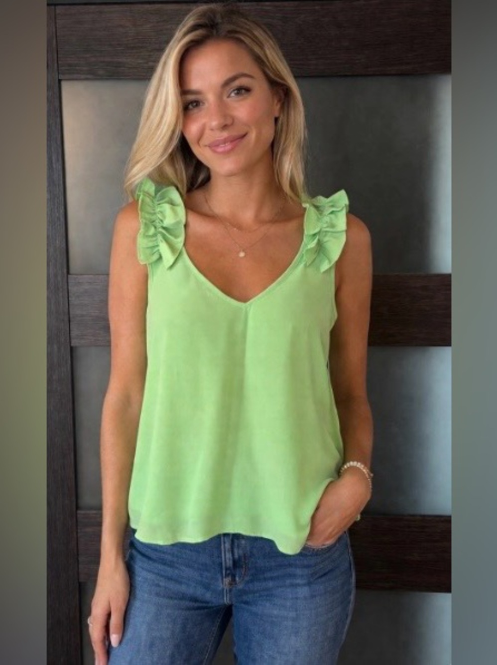 5 for $25!! NWT Lily Star V Neck Ruffle Sleeveless Green Blouse